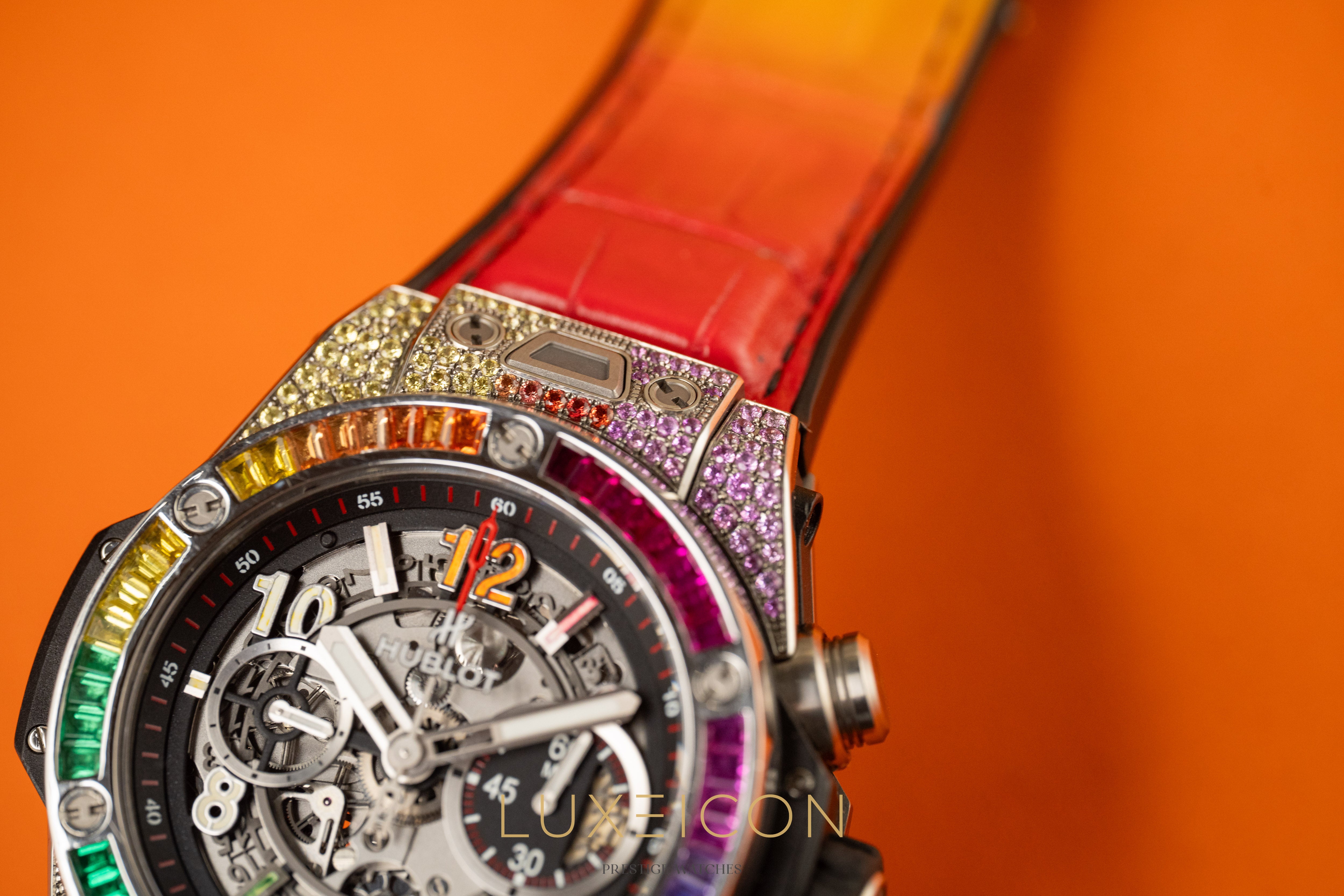 Hublot Big Bang Unico Customised Rainbow Sapphire Titanium Date Chronograph
