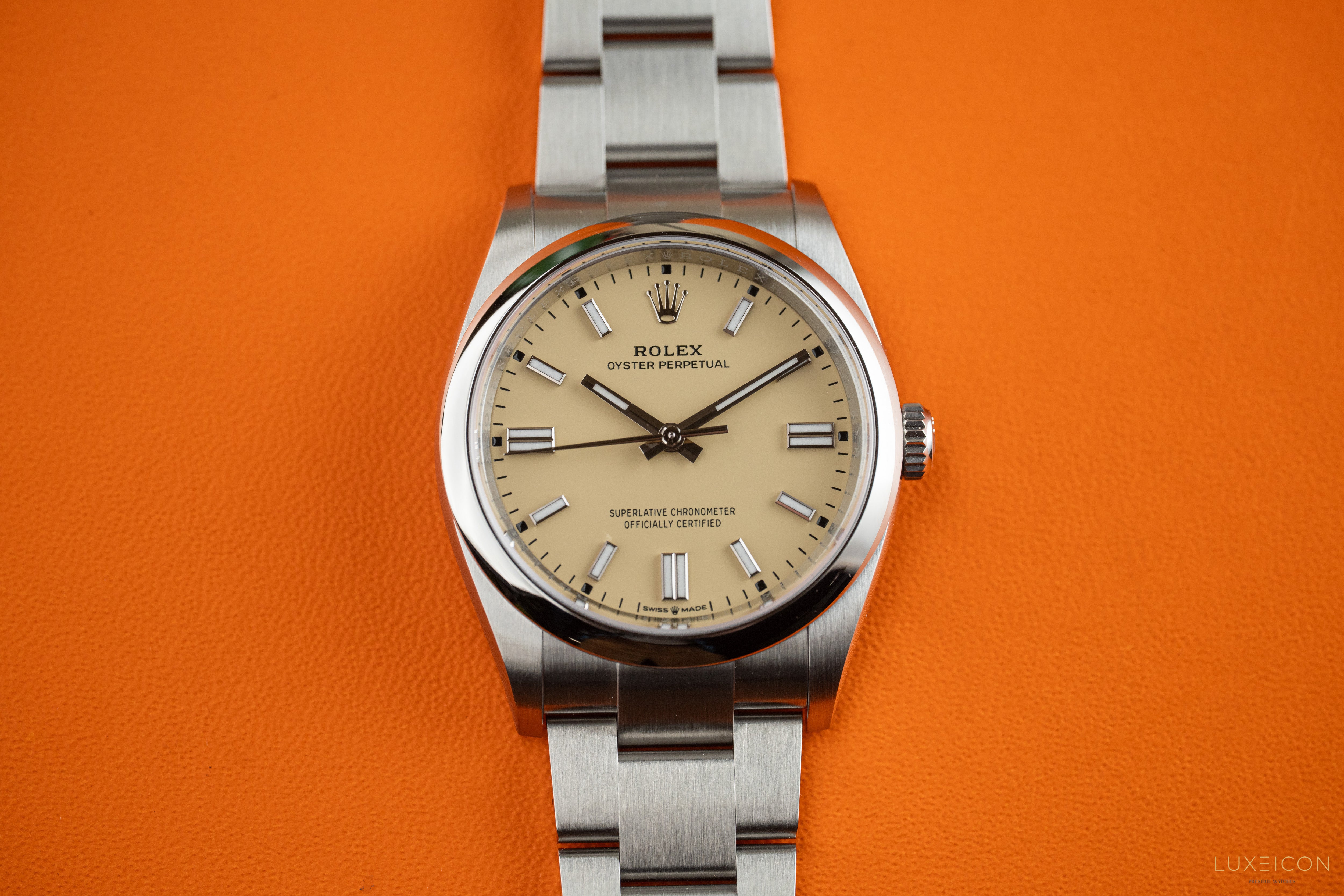 Rolex Oyster Perpetual 36mm Beige Dial Stainless Steel Smooth Bezel Oyster Bracelet