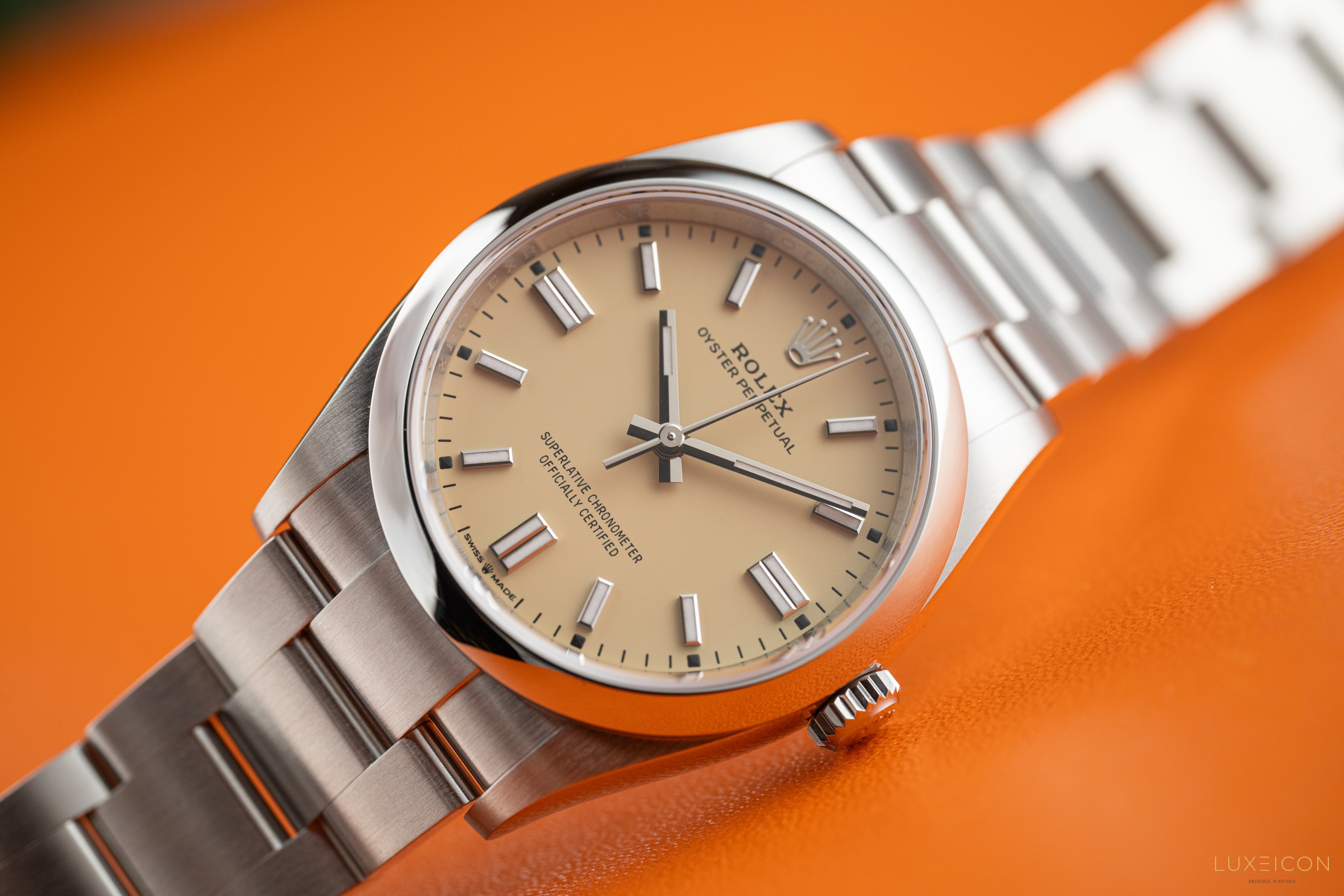 Rolex Oyster Perpetual 36mm Beige Dial Stainless Steel Smooth Bezel Oyster Bracelet
