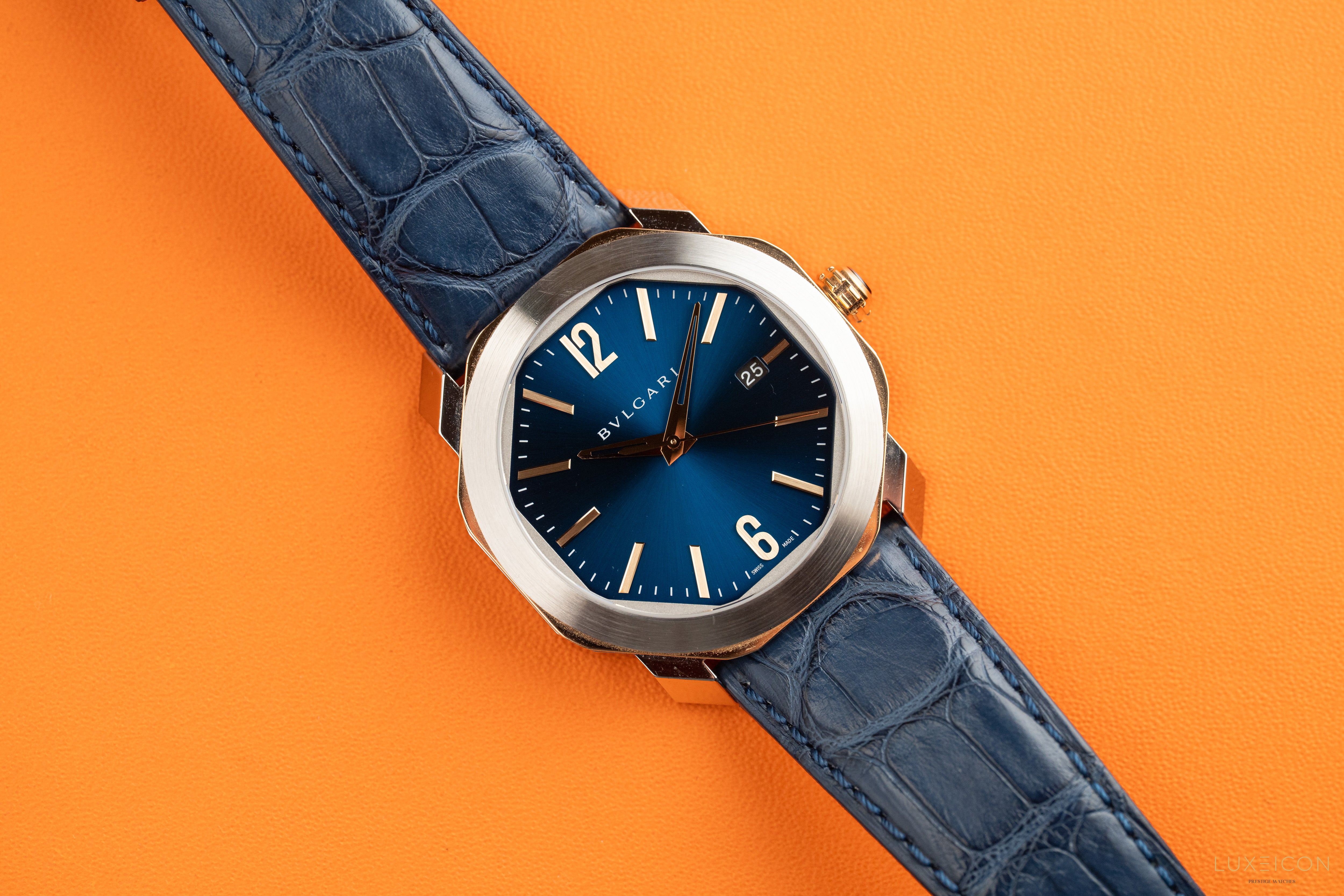 Bulgari Octo Octoma Stainless Steel and Rose Gold Combination Blue Bar Octagon