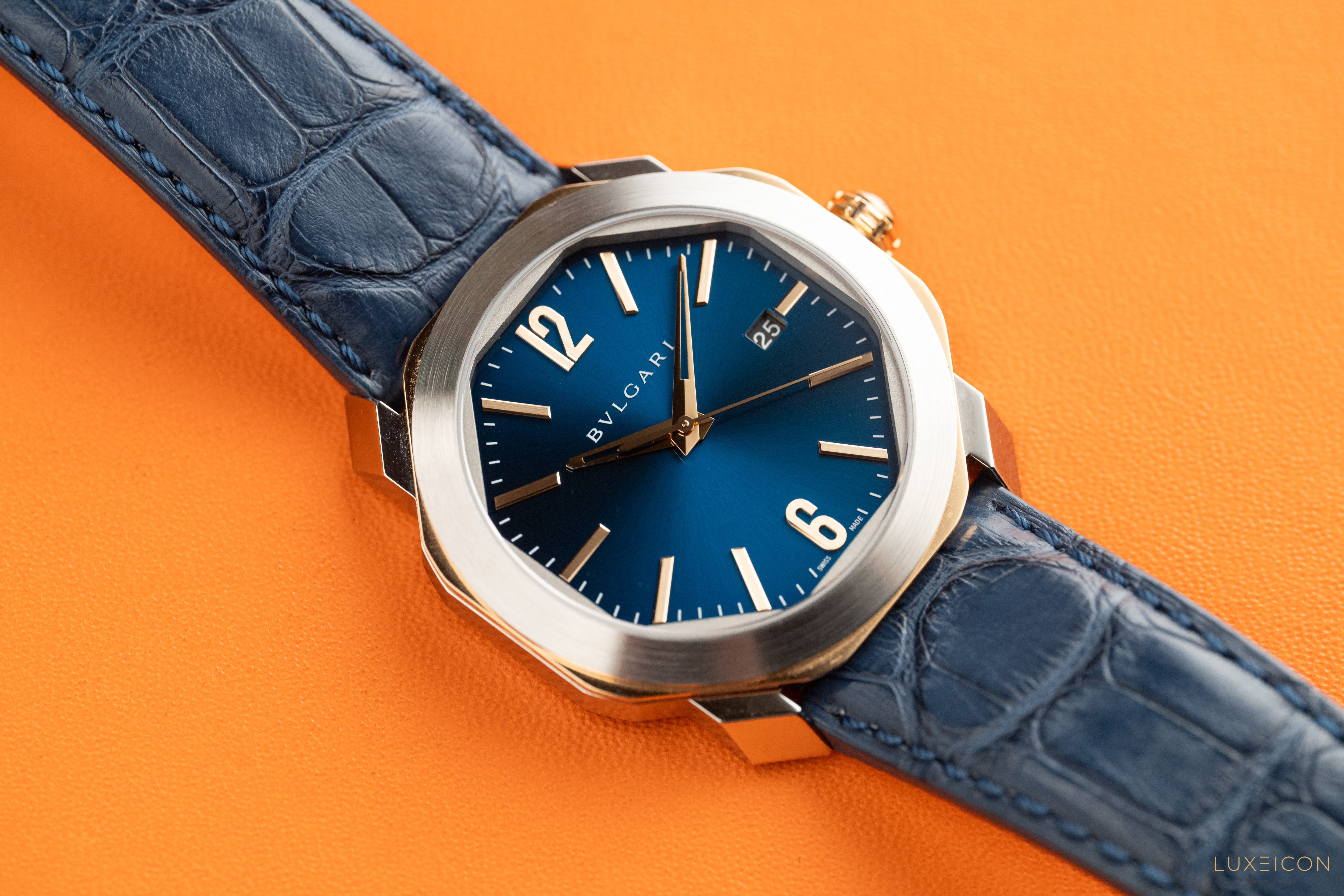 Bulgari Octo Octoma Stainless Steel and Rose Gold Combination Blue Bar Octagon