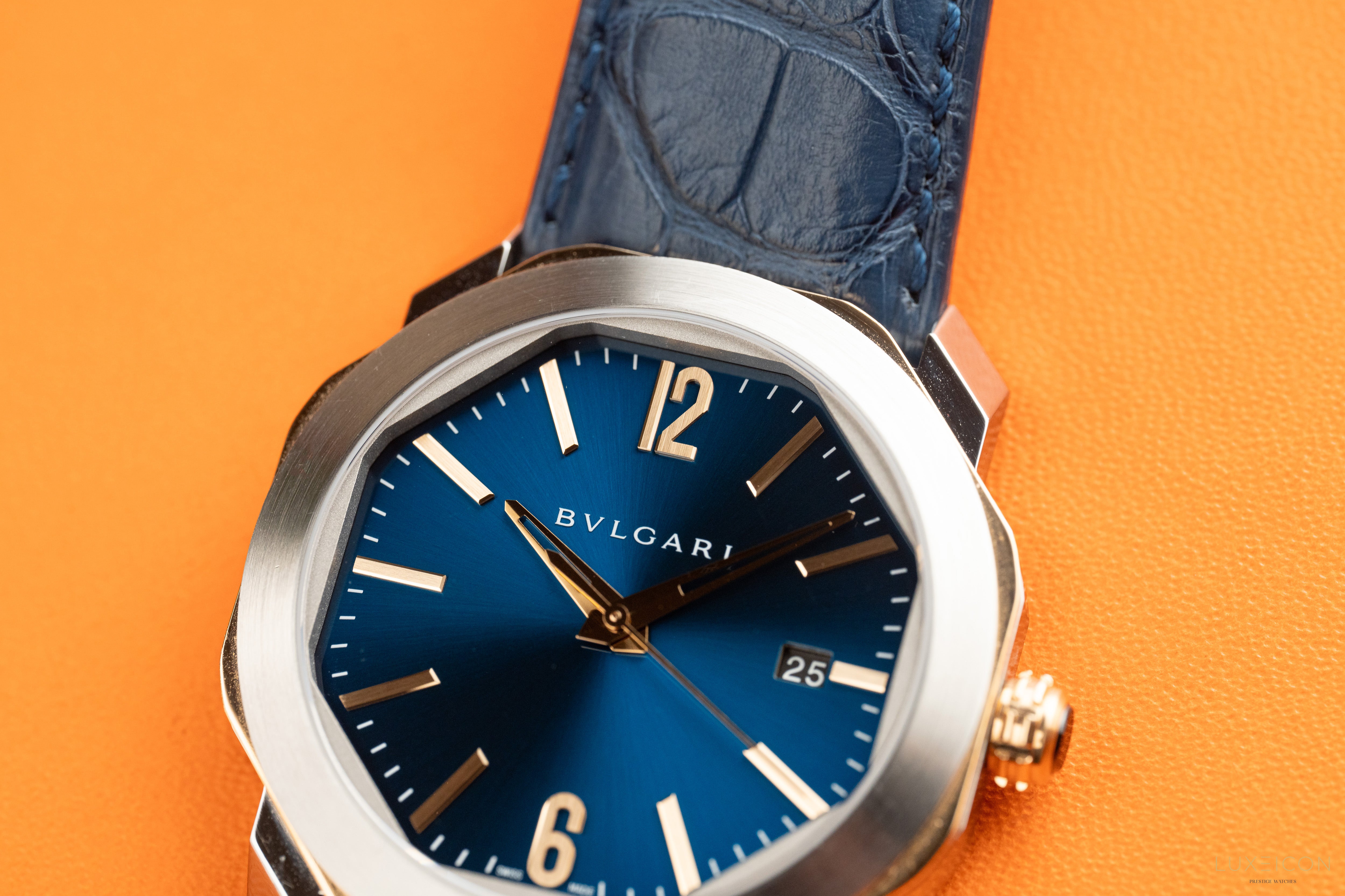 Bulgari Octo Octoma Stainless Steel and Rose Gold Combination Blue Bar Octagon