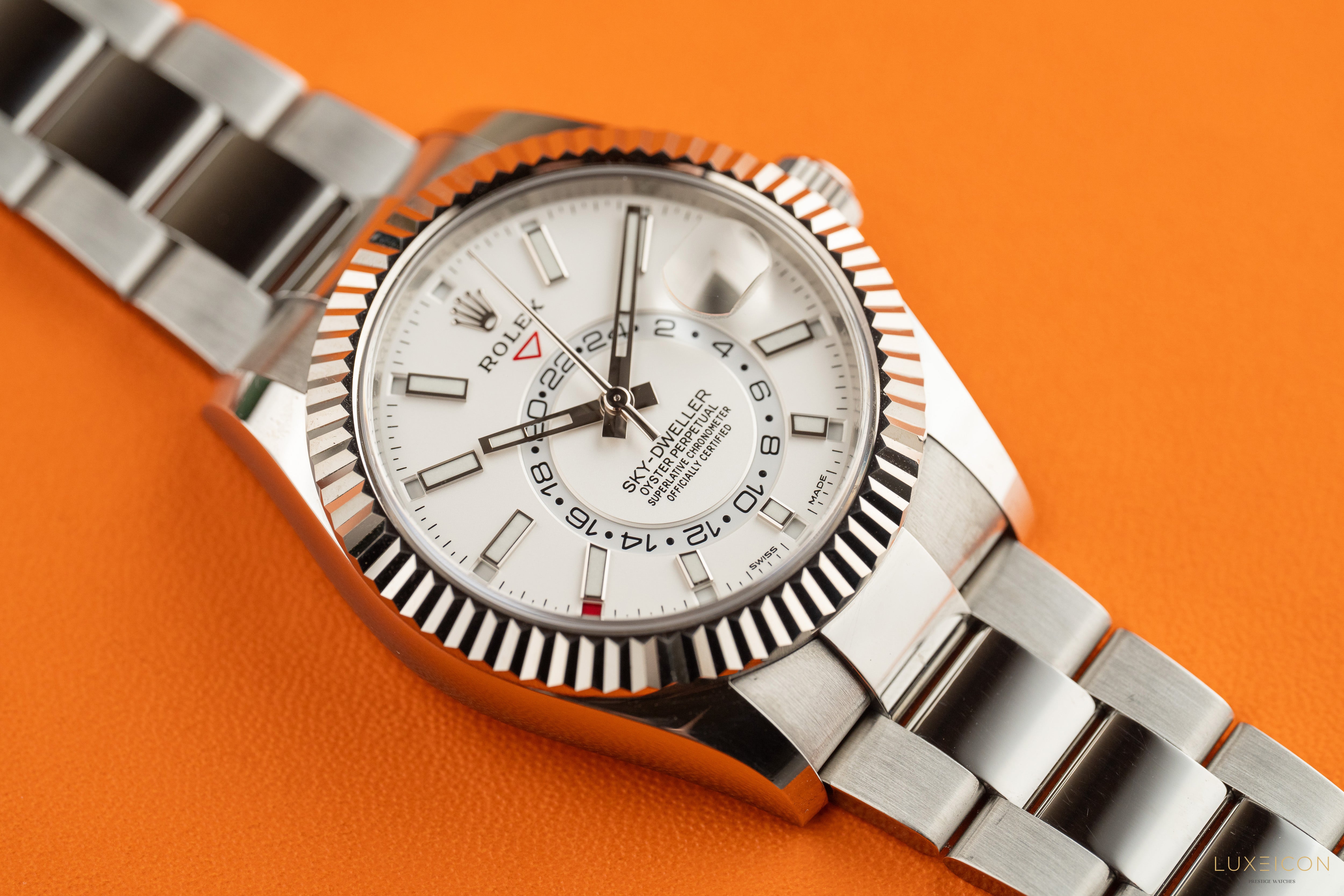 Rolex Sky-Dweller Stainless Steel White Dial Oyster 326934 White Gold Fluted Bezel 2022