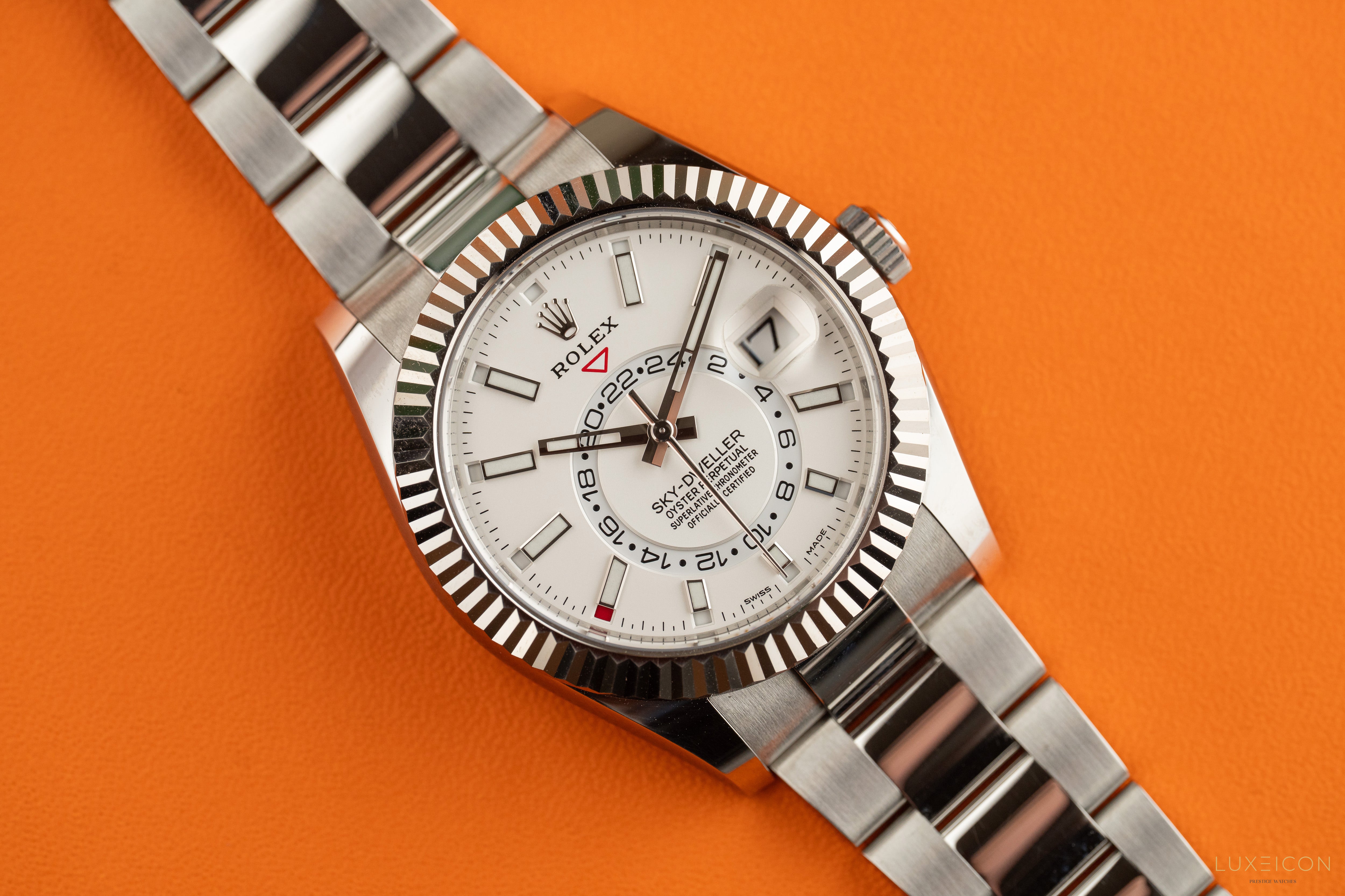 Rolex Sky-Dweller Stainless Steel White Dial Oyster 326934 White Gold Fluted Bezel 2022