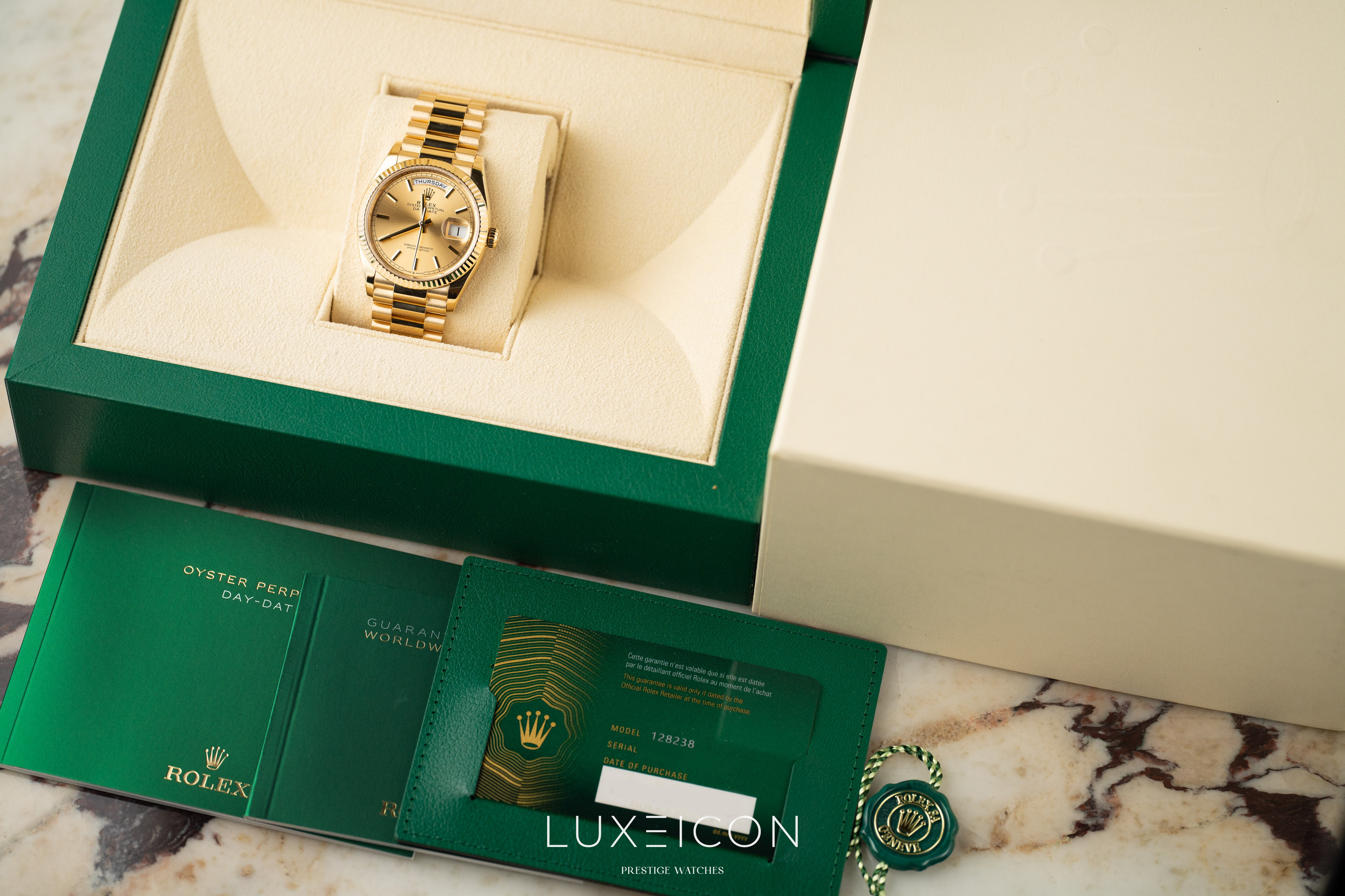 Rolex Day-Date 36 18k Yellow Gold President Champagne Index Dial 2025