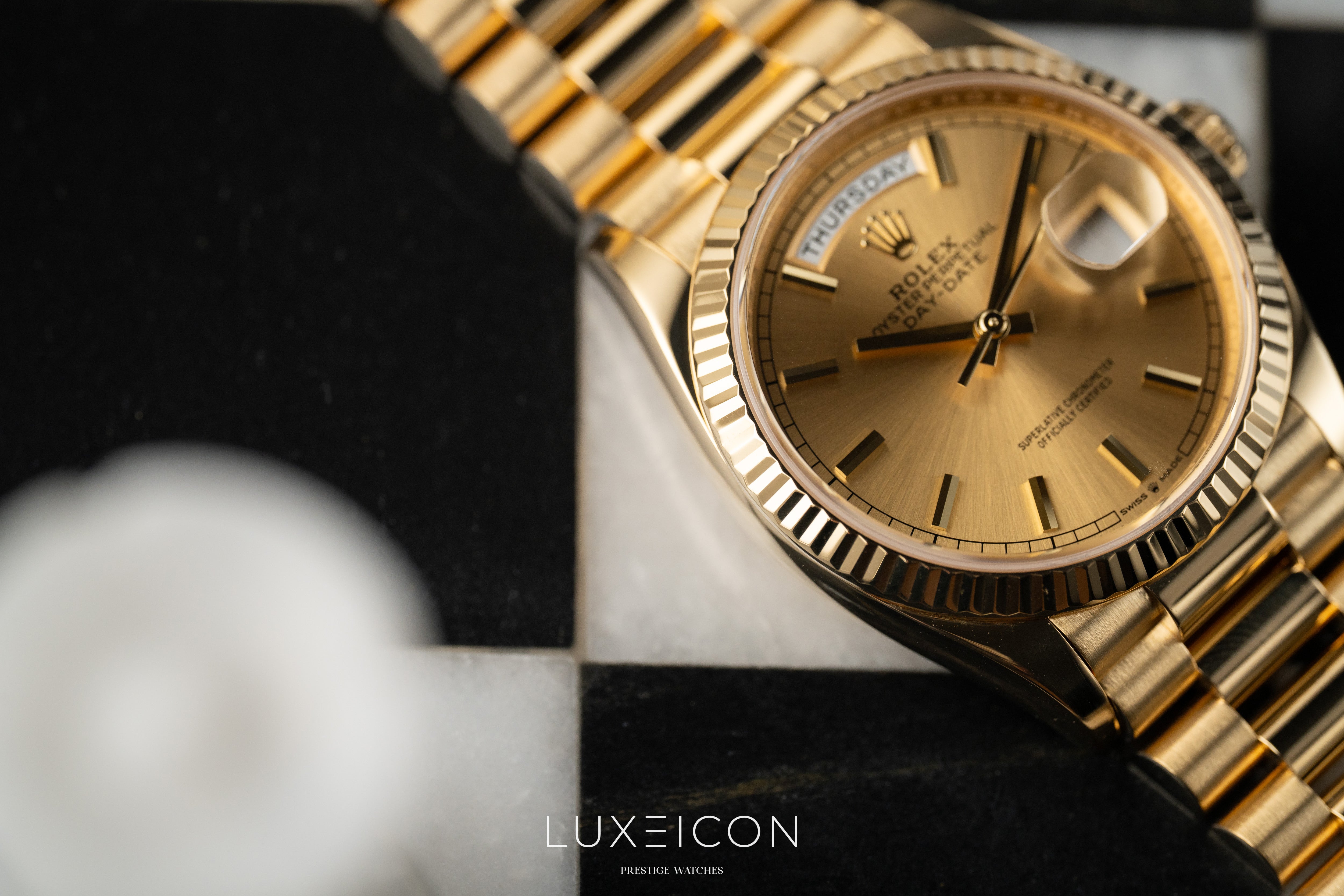 Rolex Day-Date 36 18k Yellow Gold President Champagne Index Dial 2025