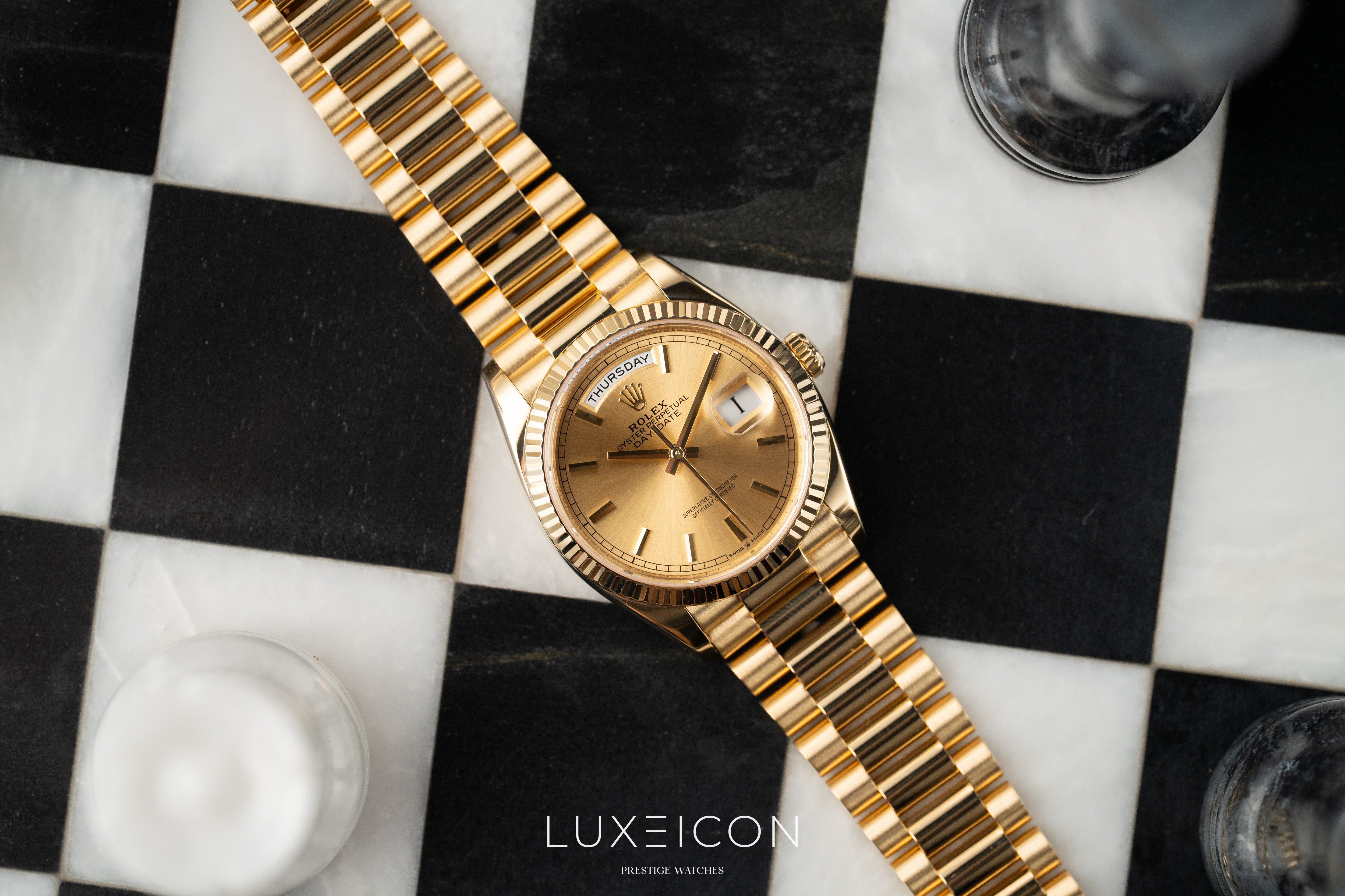 Rolex Day-Date 36 18k Yellow Gold President Champagne Index Dial 2025