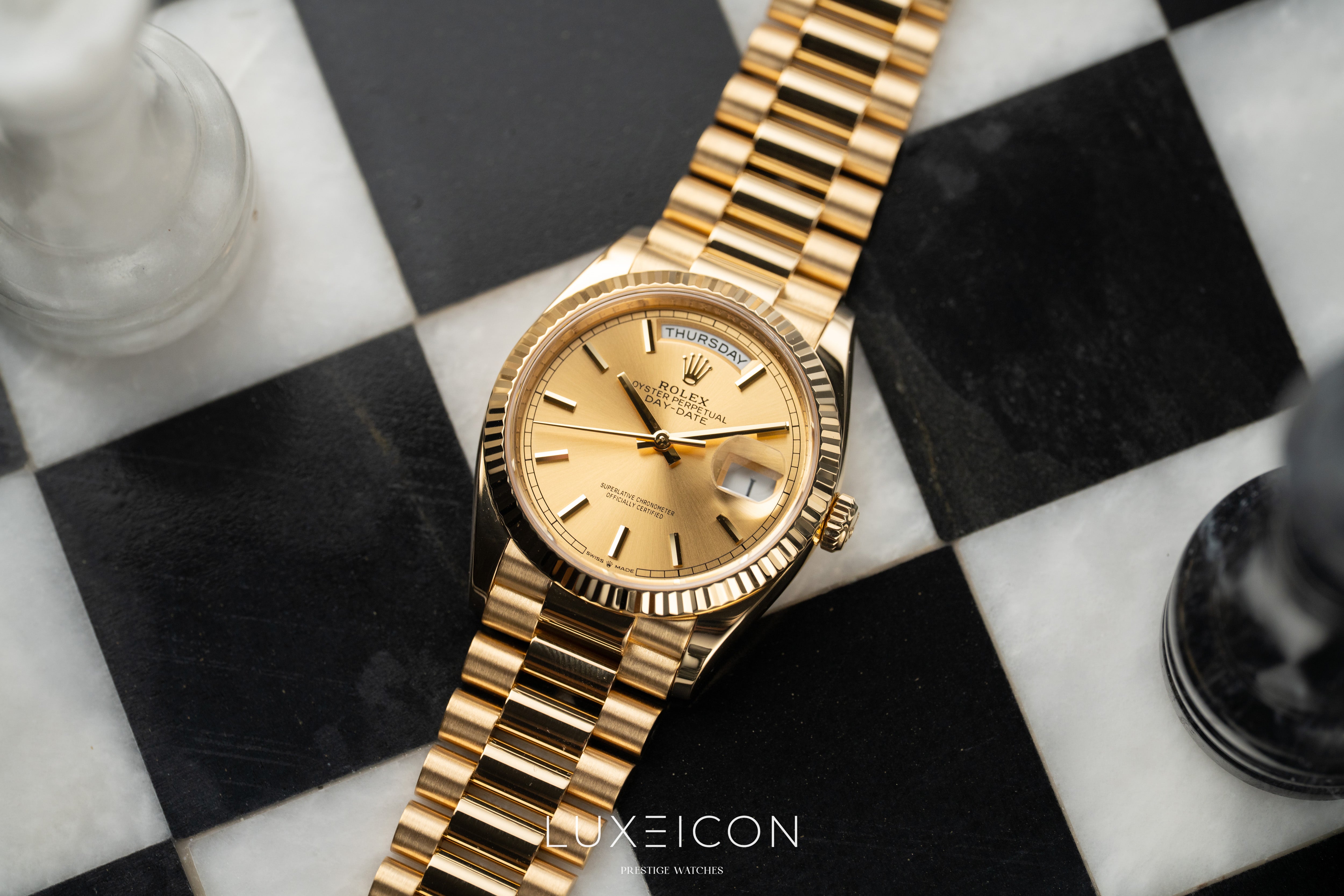 Rolex Day-Date 36 18k Yellow Gold President Champagne Index Dial 2025