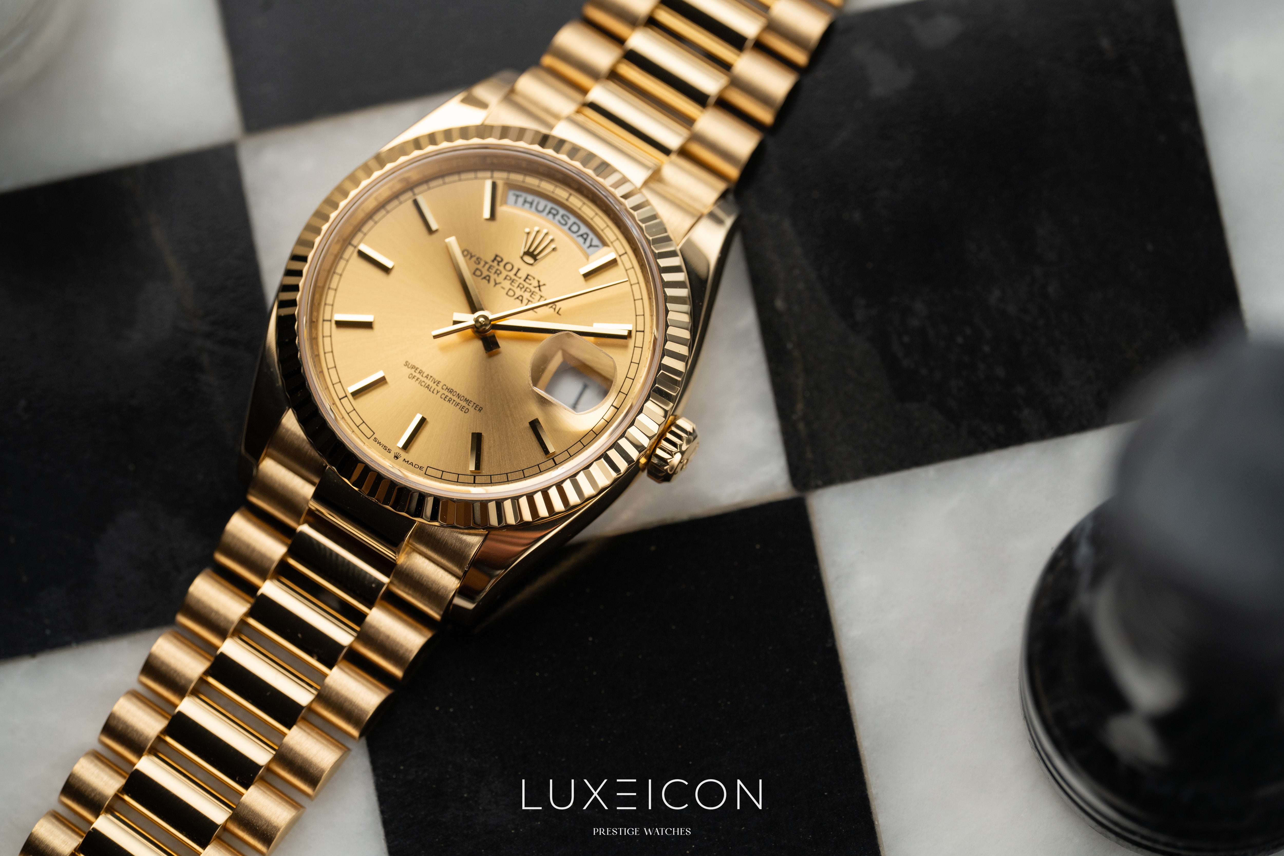 Rolex Day-Date 36 18k Yellow Gold President Champagne Index Dial 2025