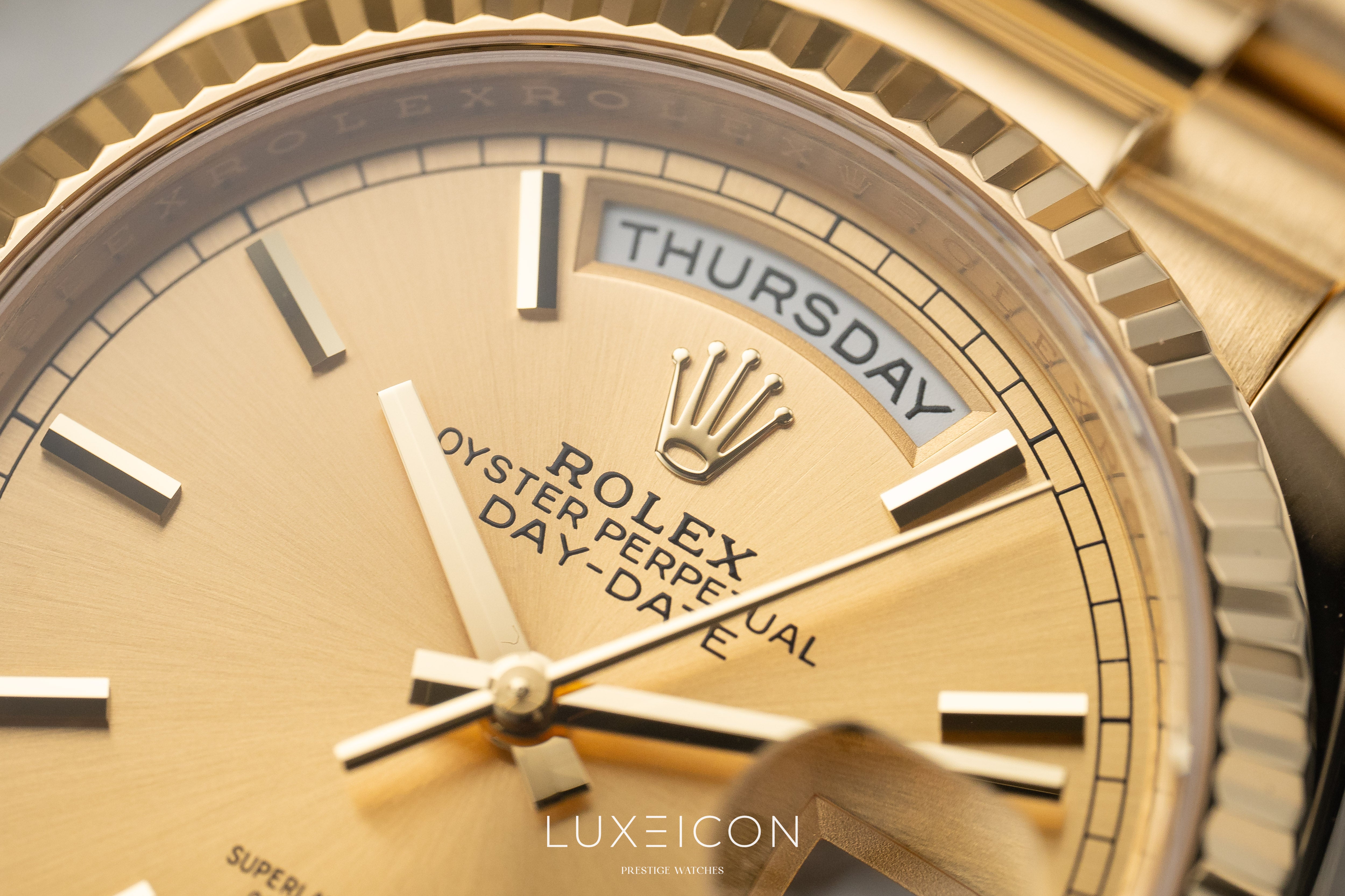 Rolex Day-Date 36 18k Yellow Gold President Champagne Index Dial 2025