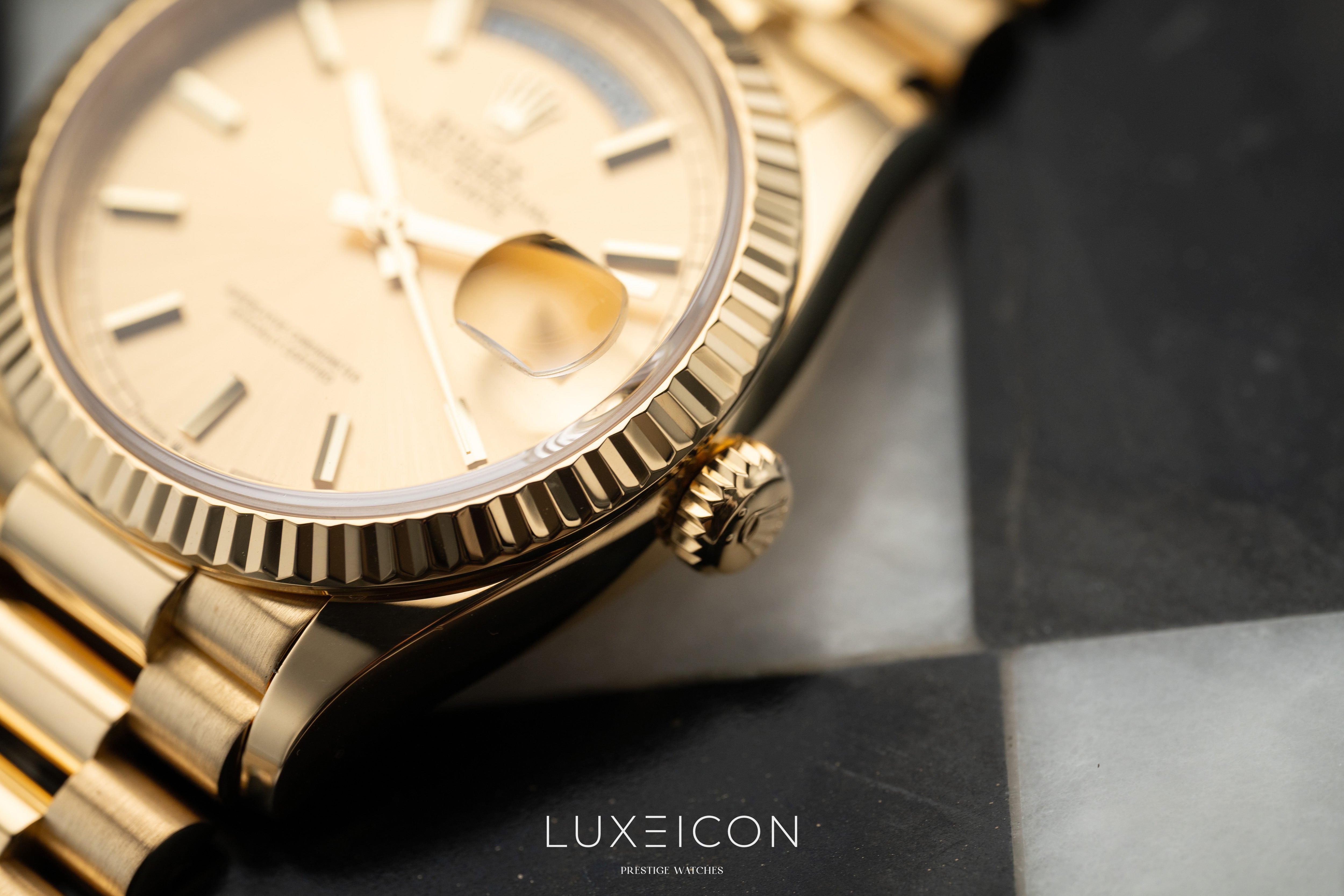 Rolex Day-Date 36 18k Yellow Gold President Champagne Index Dial 2025