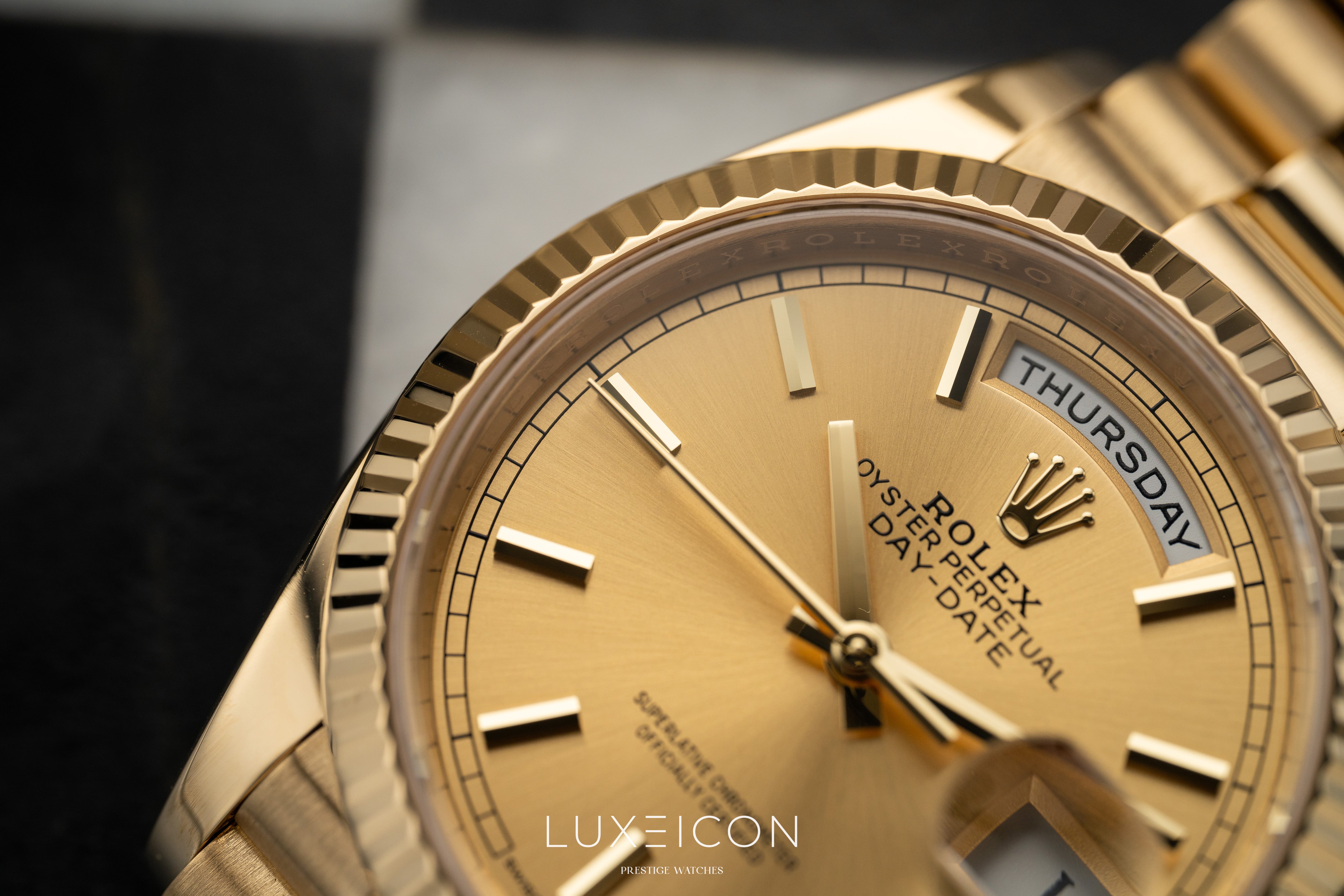 Rolex Day-Date 36 18k Yellow Gold President Champagne Index Dial 2025