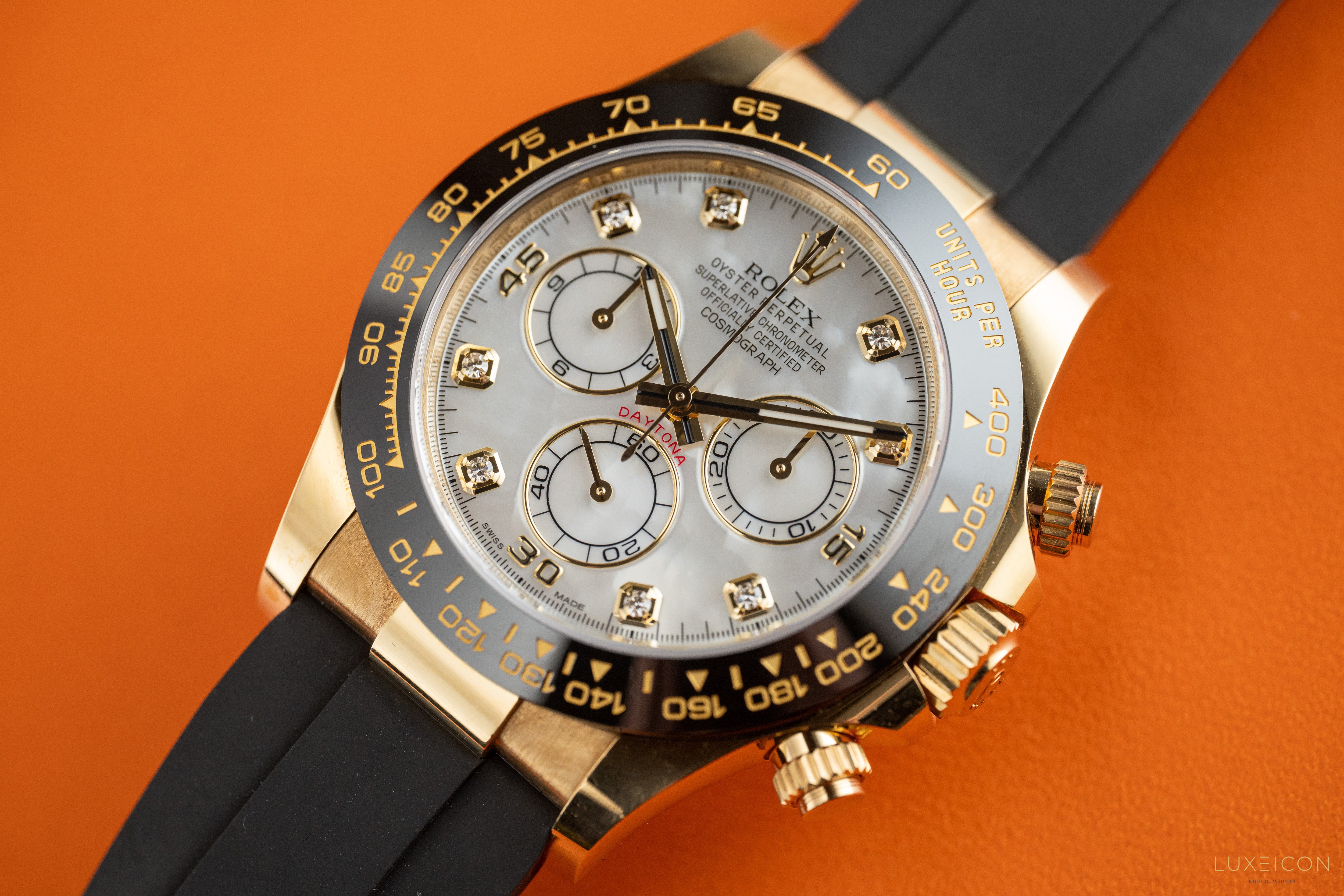 Rolex Daytona 116518LN MOP Diamond dial Yellow Gold Oysterflex Discontinued Dial