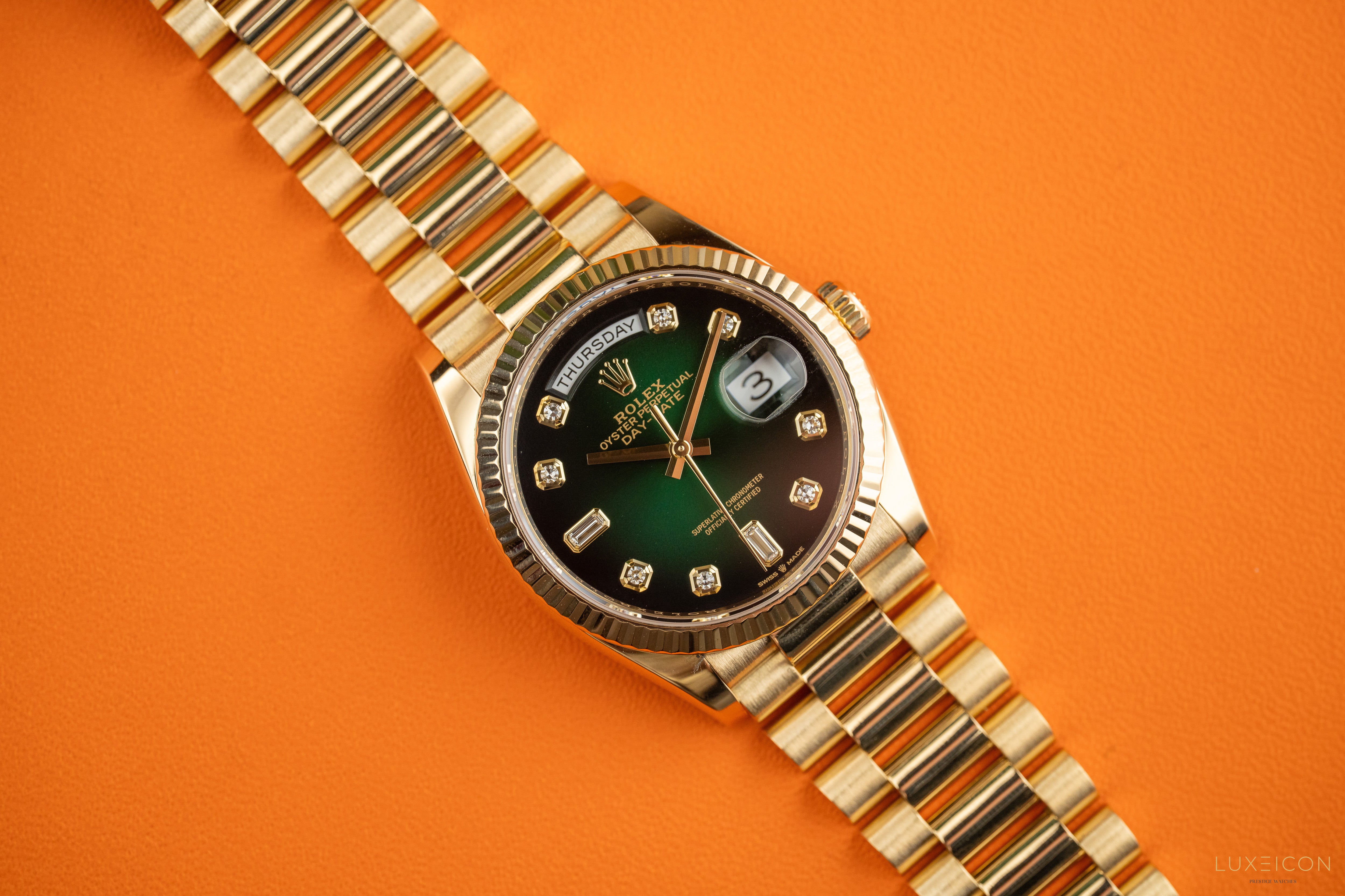 Rolex Day-Date 36 Yellow Gold 128238 Green Ombré Diamond Dial 2021