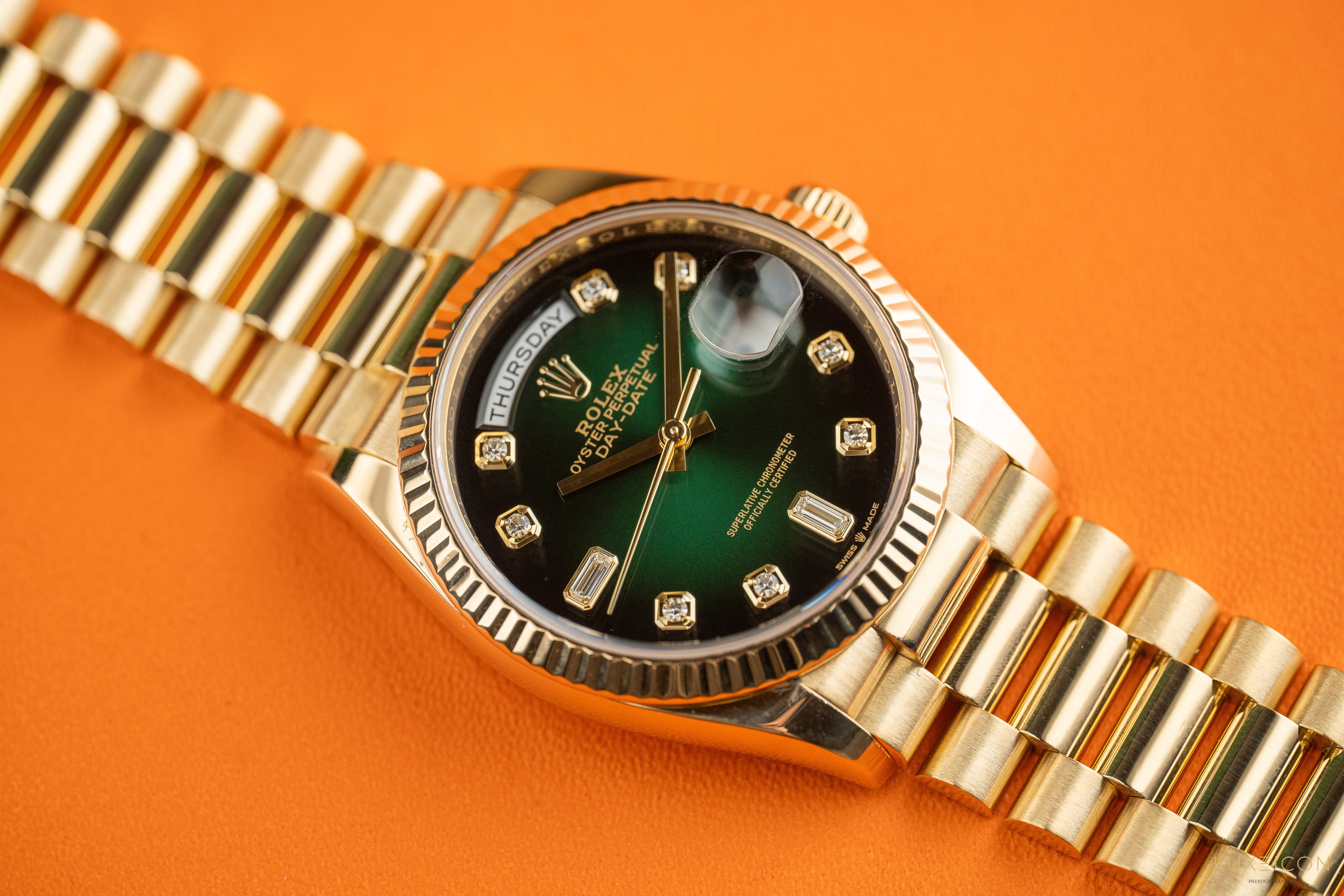 Rolex Day-Date 36 Yellow Gold 128238 Green Ombré Diamond Dial 2021
