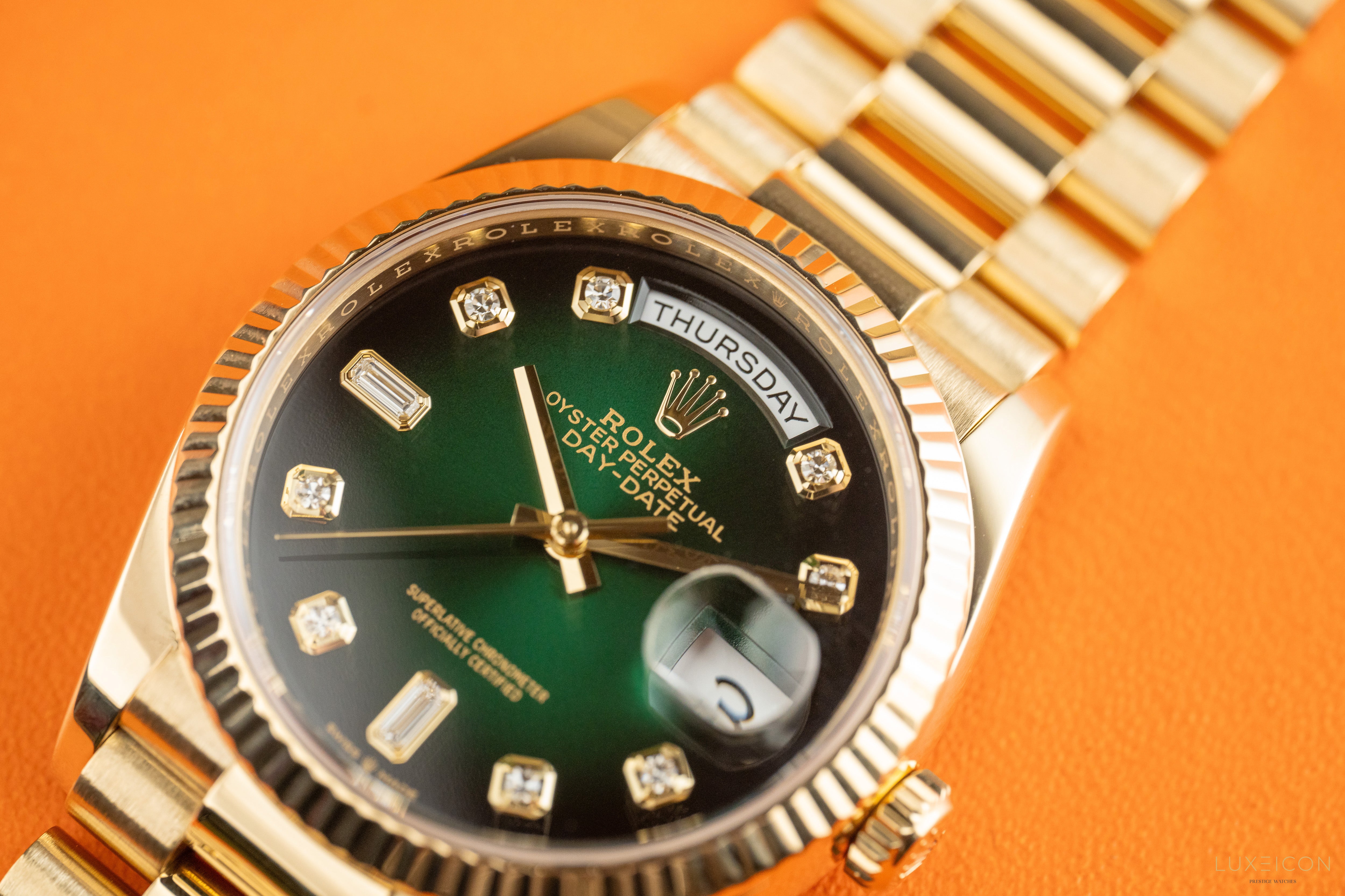 Rolex Day-Date 36 Yellow Gold 128238 Green Ombré Diamond Dial 2021