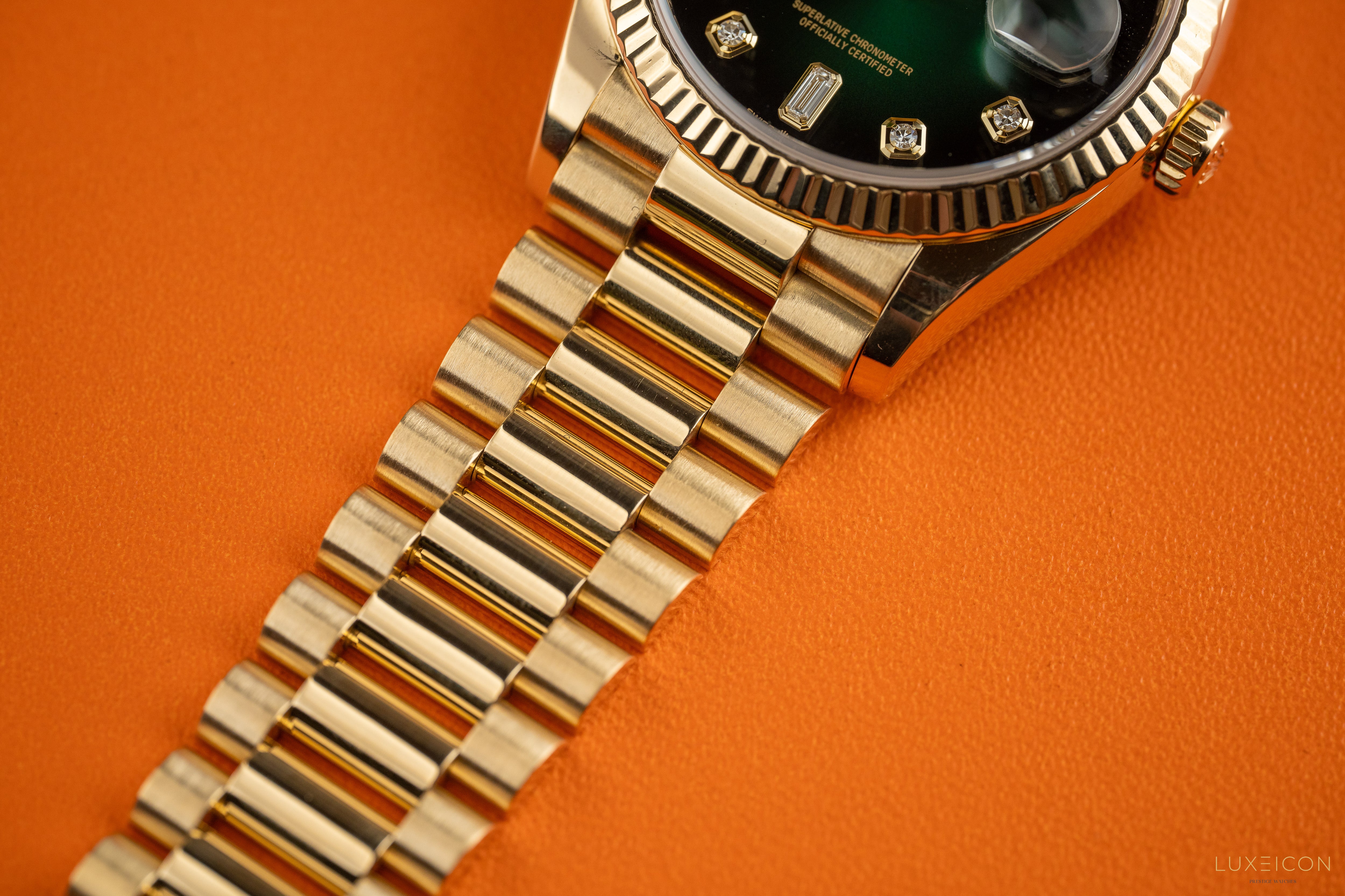 Rolex Day-Date 36 Yellow Gold 128238 Green Ombré Diamond Dial 2021