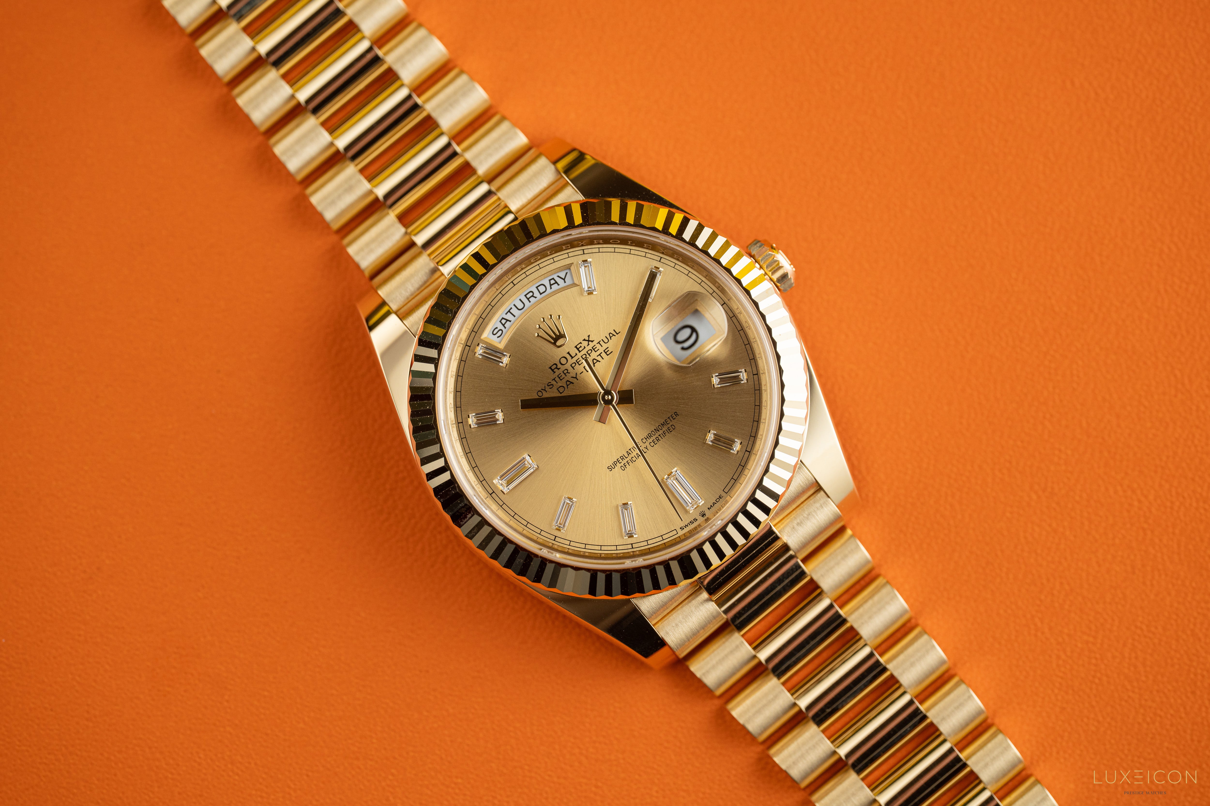 Rolex Day-Date 40mm 228238 Champagne 18K Yellow Gold President Diamond Baguette 2025