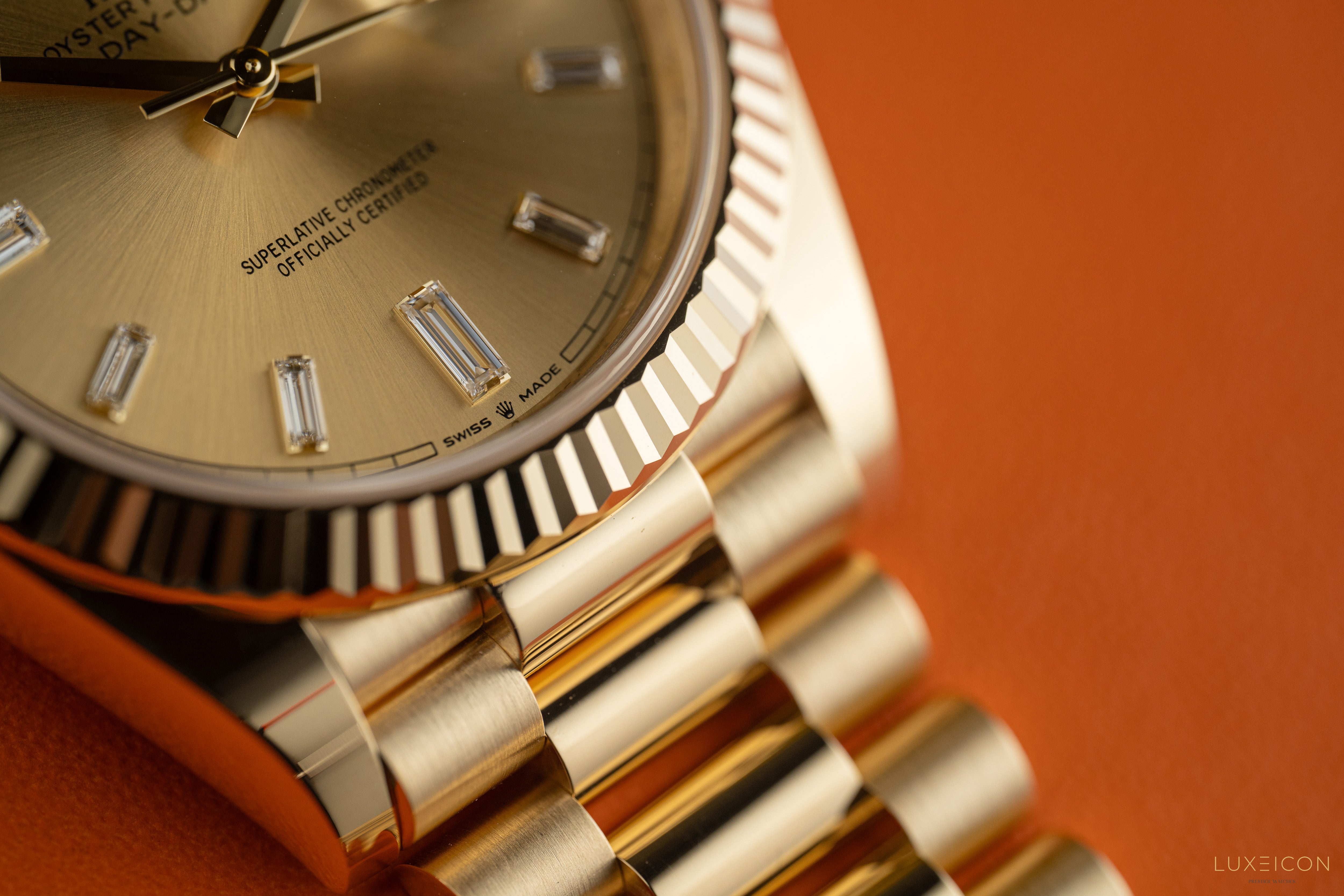 Rolex Day-Date 40mm 228238 Champagne 18K Yellow Gold President Diamond Baguette 2025