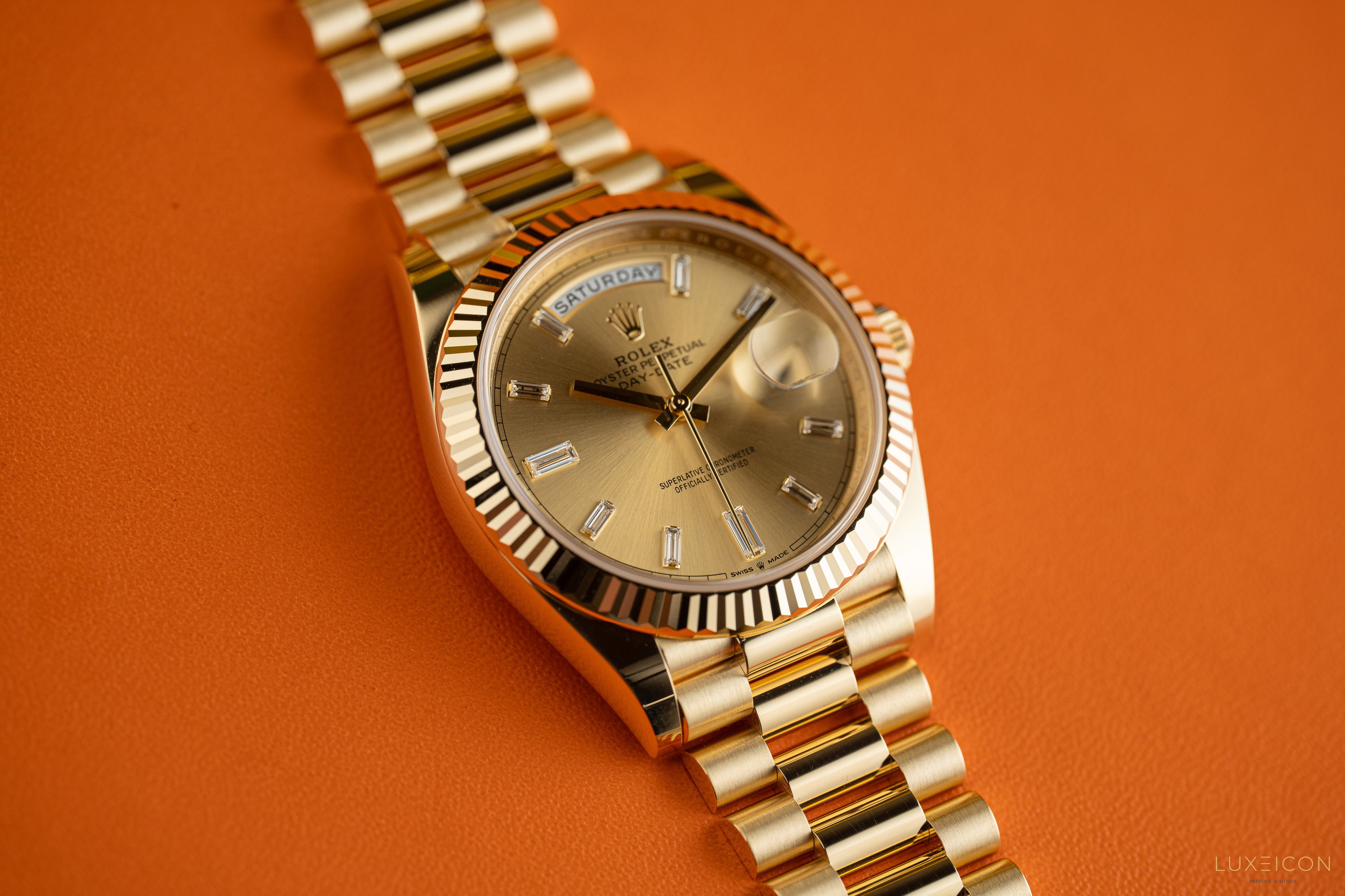 Rolex Day-Date 40mm 228238 Champagne 18K Yellow Gold President Diamond Baguette 2025