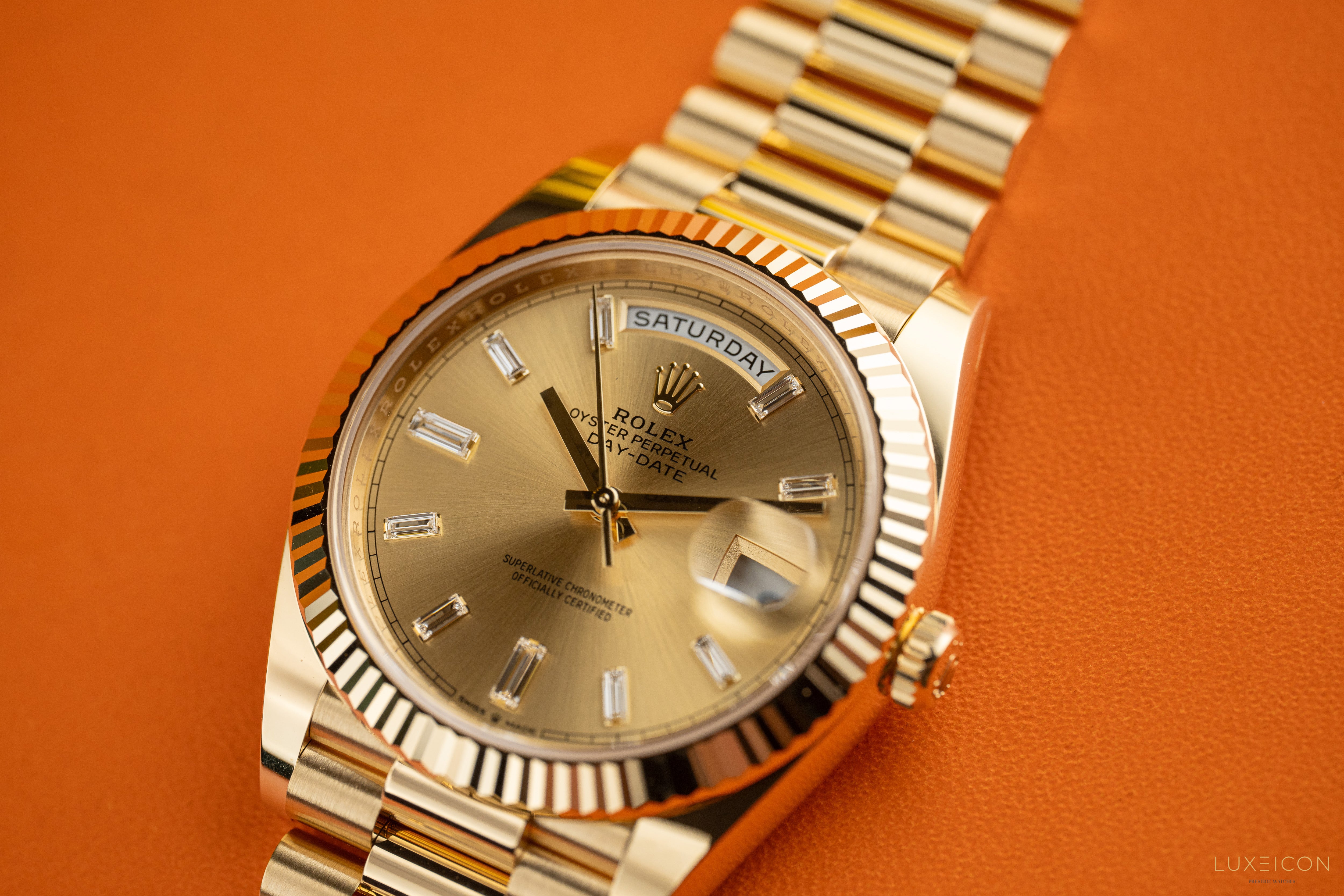 Rolex Day-Date 40mm 228238 Champagne 18K Yellow Gold President Diamond Baguette 2025