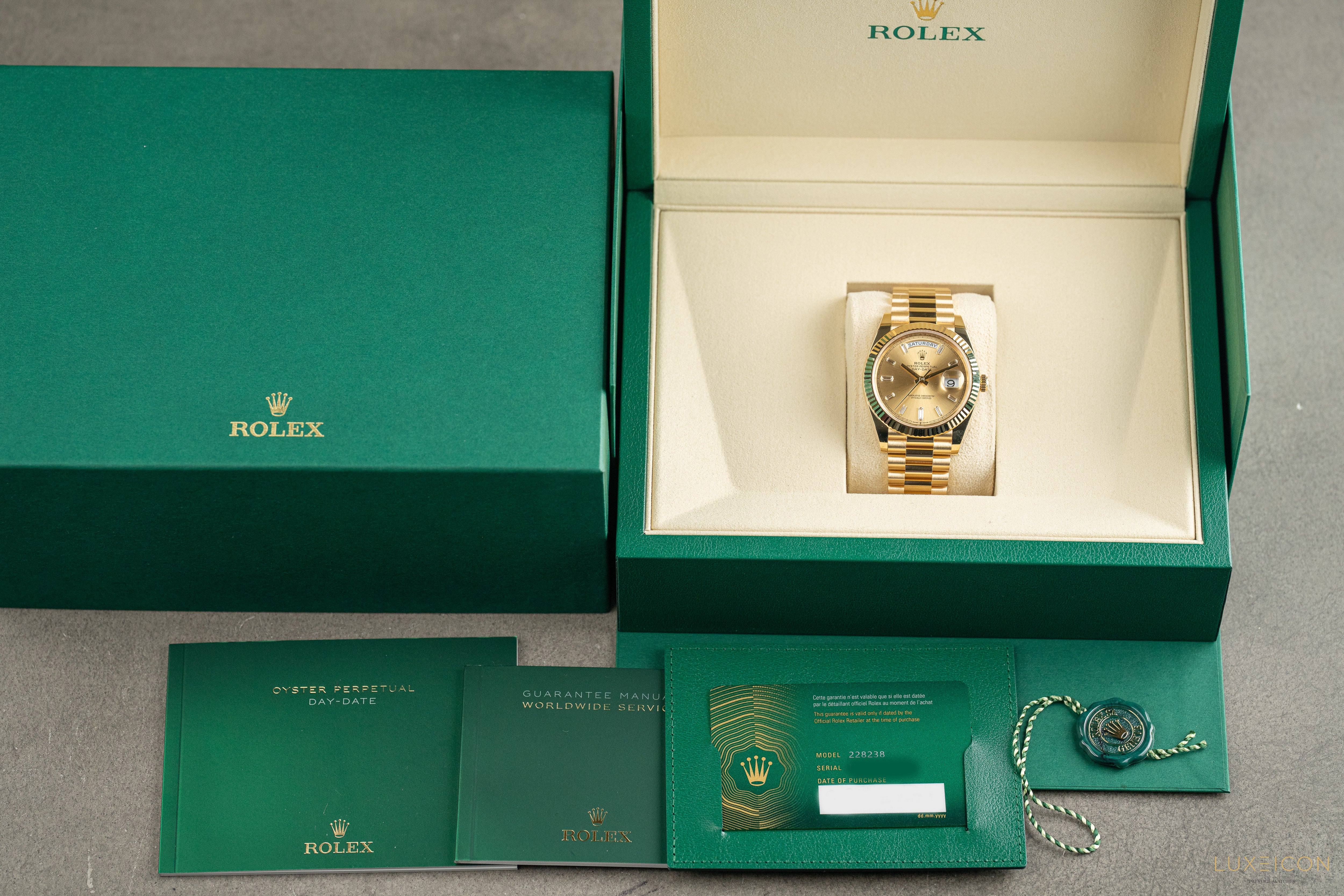 Rolex Day-Date 40mm 228238 Champagne 18K Yellow Gold President Diamond Baguette 2025
